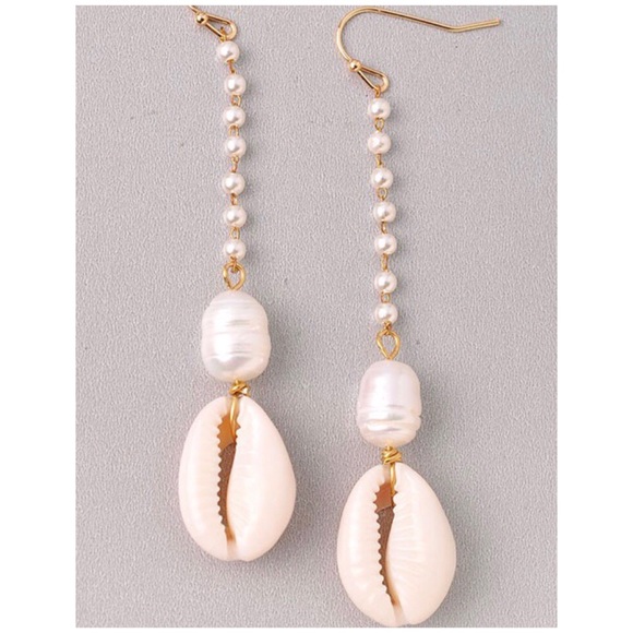 Jewelry - Cowrie Shell Pearl Drop Dangle Gold Earrings
